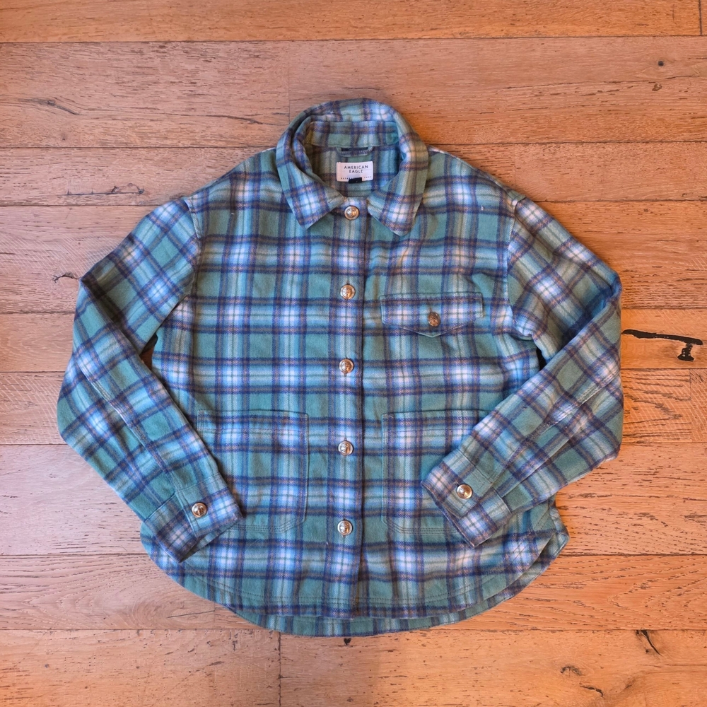 American Eagle Outfitters Wool Blend Green and Blue Plaid Flannel Jacket shacket